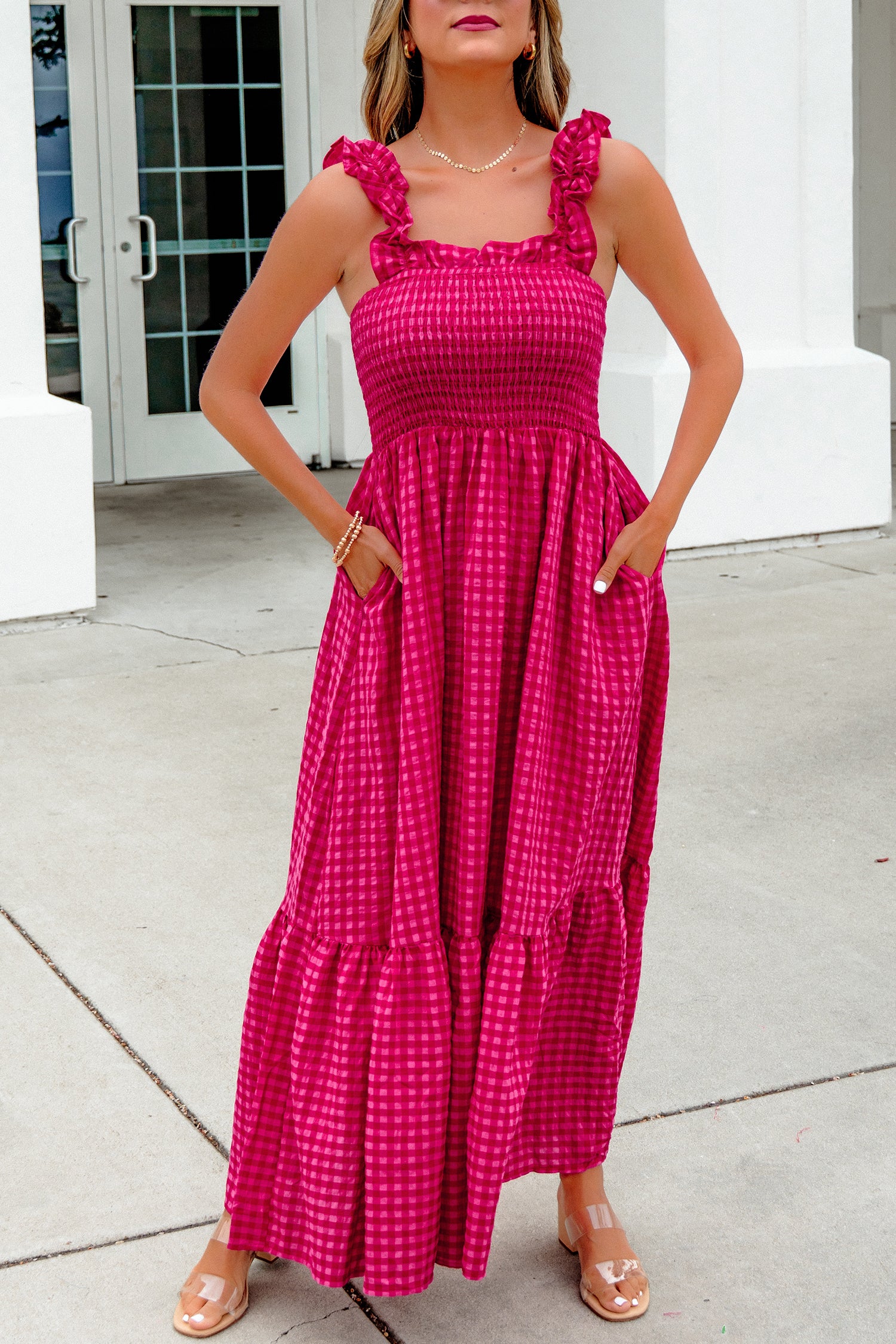 Red Plaid Fit & Flare Sundress Square Neck Vacation Women S-XL
