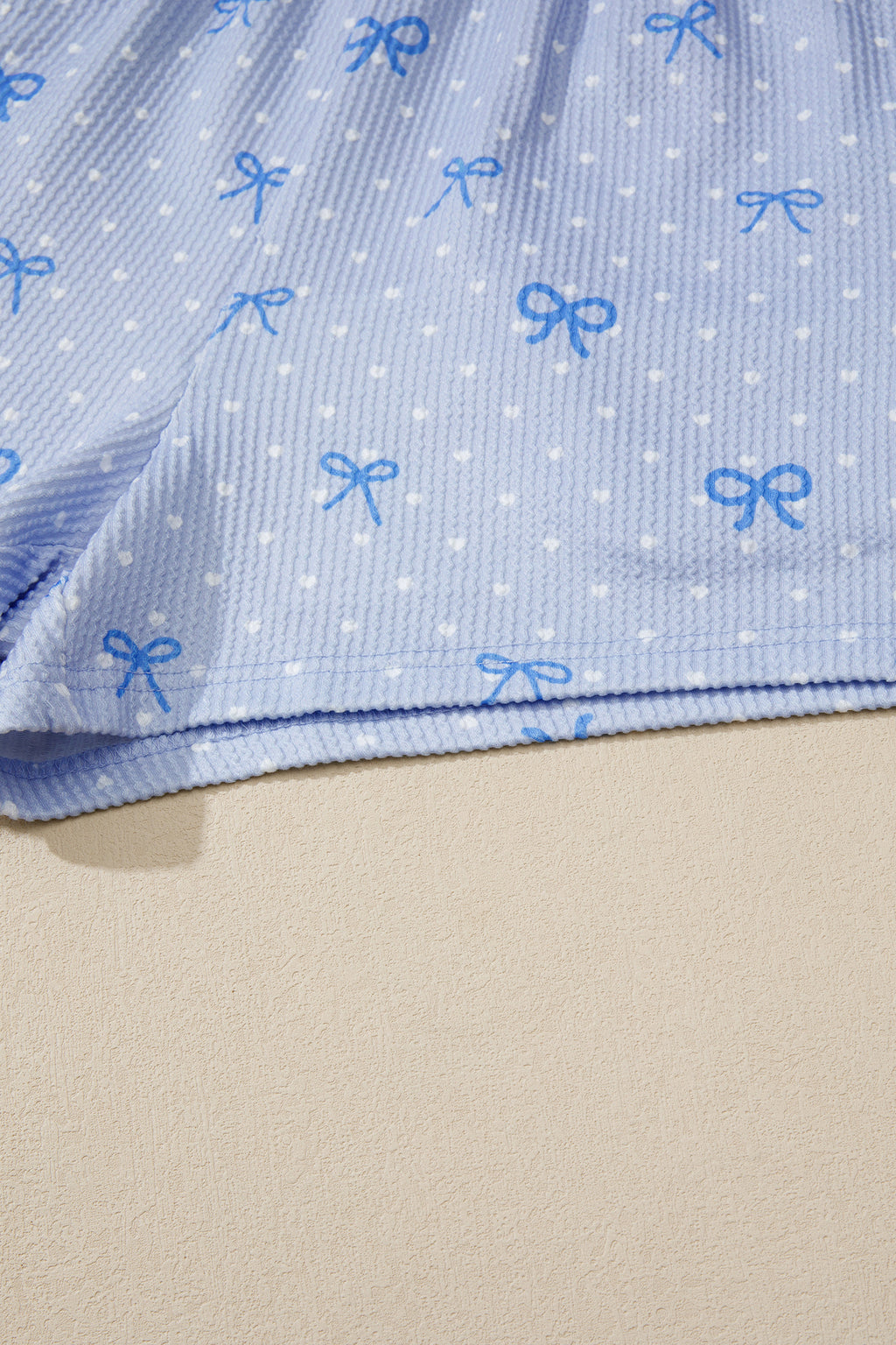 Sky Blue Tiny Heart & Bow Print Twisted Rib Loose 2pcs Short Set