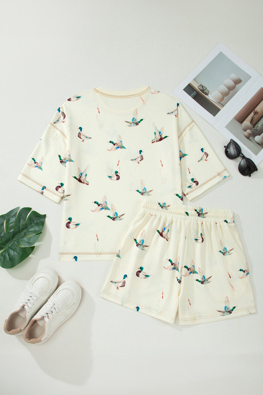 Beige Mallard Duck Print Oversized Tee & Drawstring Shorts Set Women S-XL