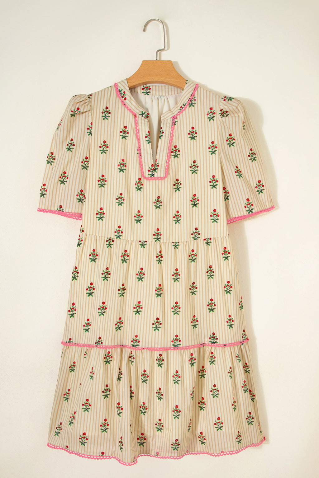 Apricot Striped Floral Contrast Detail Ruffle Hem Short Dress S-XL
