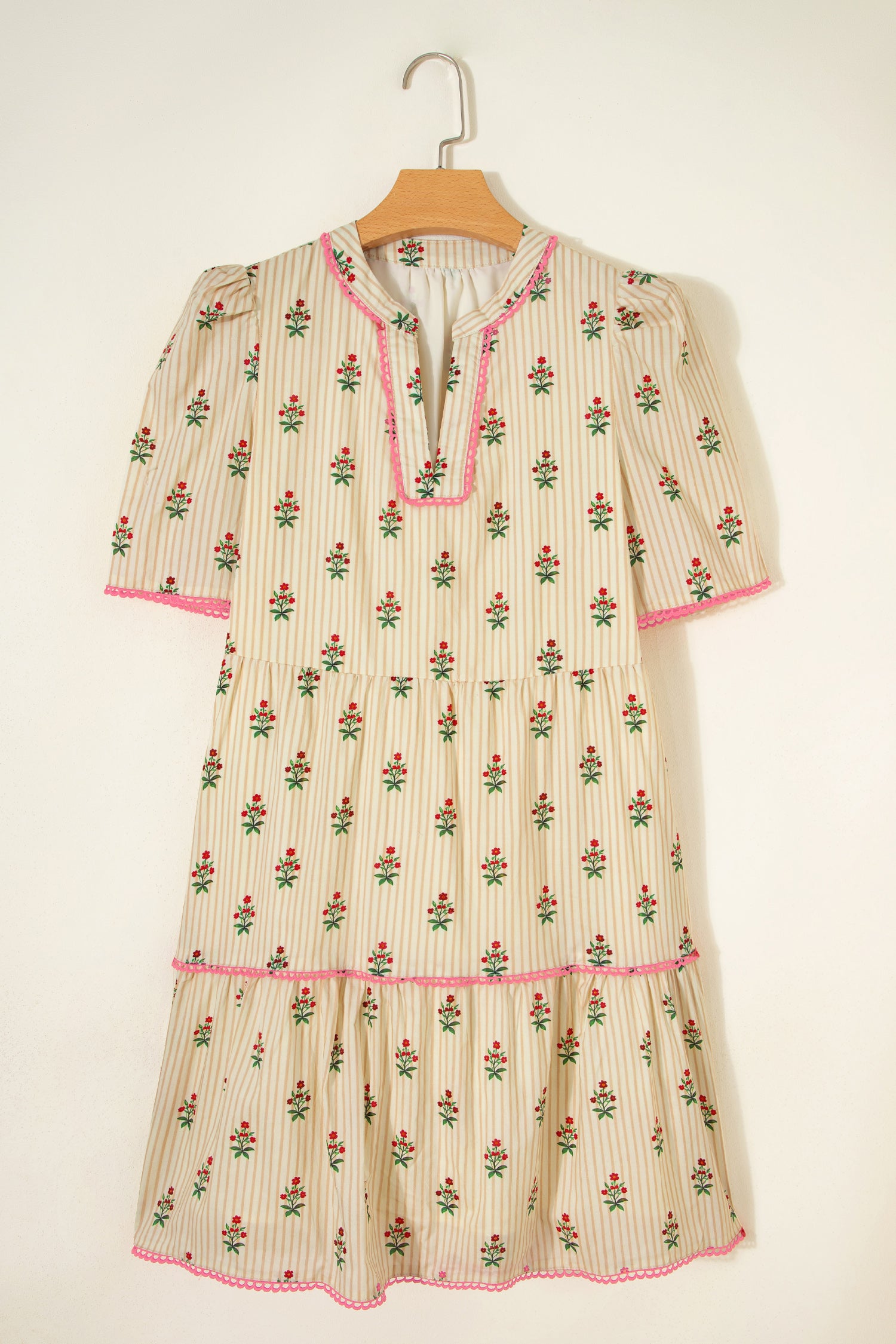 Apricot Striped Floral Contrast Detail Ruffle Hem Short Dress S-XL