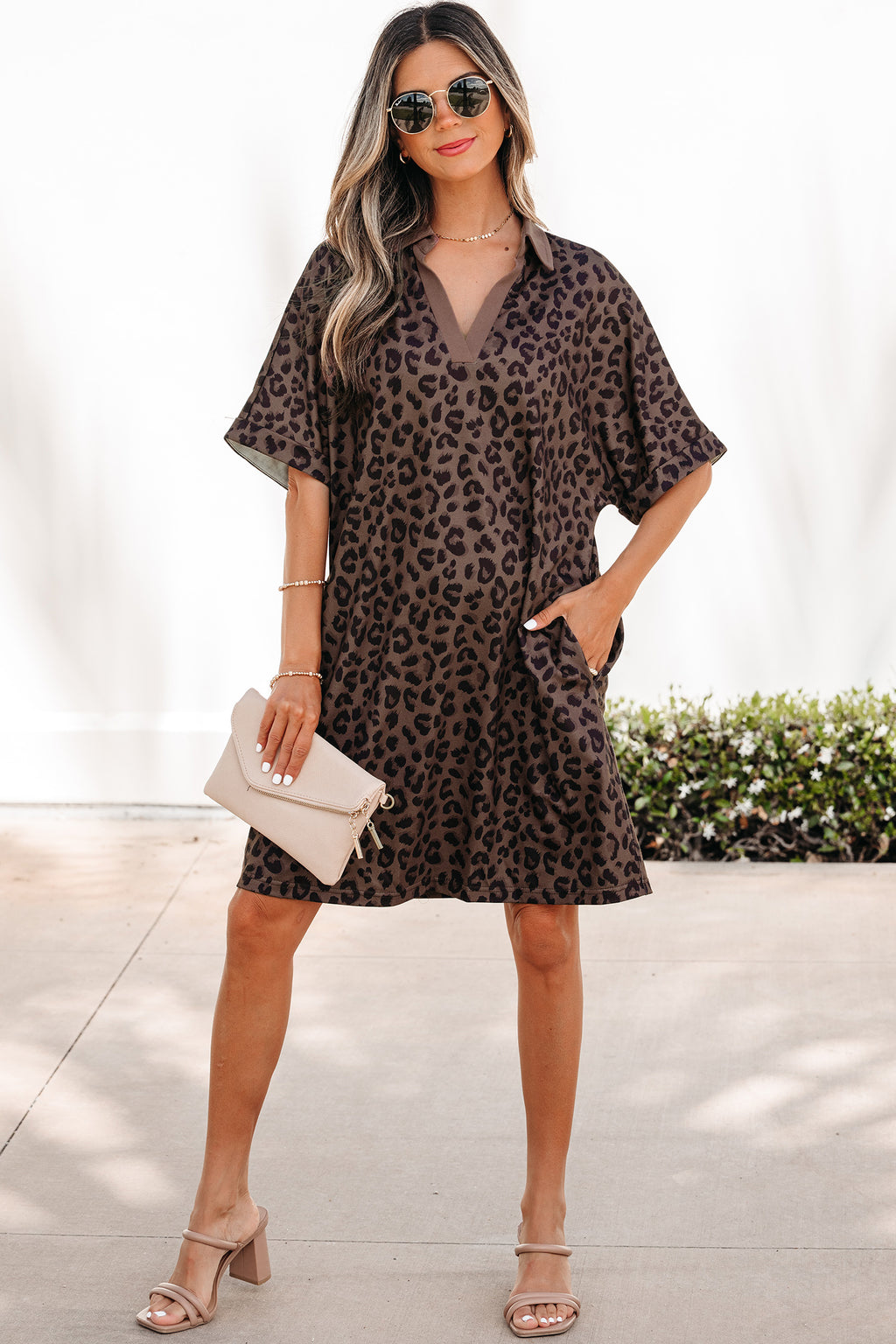 Brown Leopard Print Contrast Collar V Neck Mini Dress S-XL