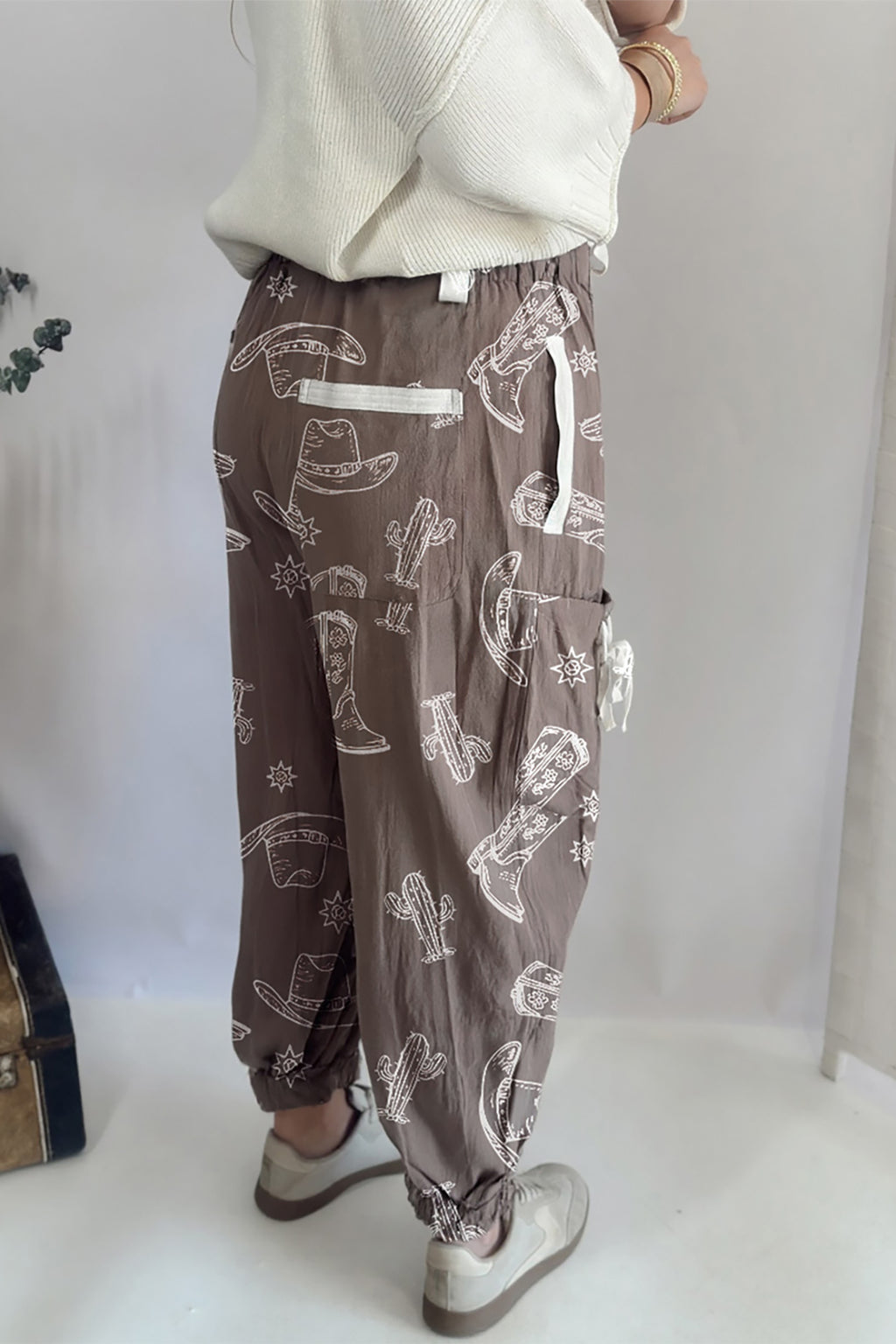 Khaki Western Cactus Cowgirl Print Vintage Drawstring Jogger Pants