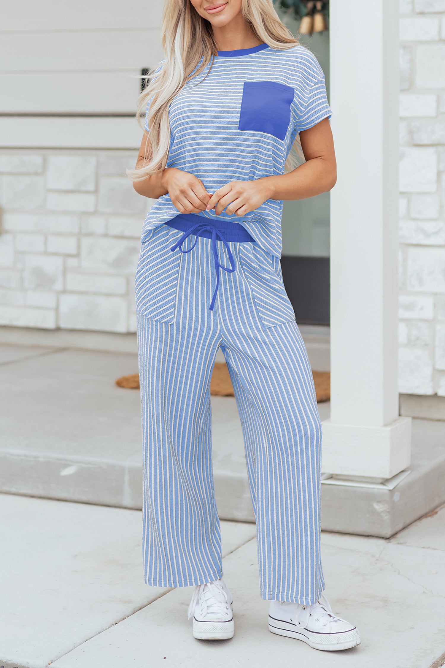 Stripe Crew Neck Tee & Drawstring Cropped Trousers Set | 4 Colours | Sizes 8-22