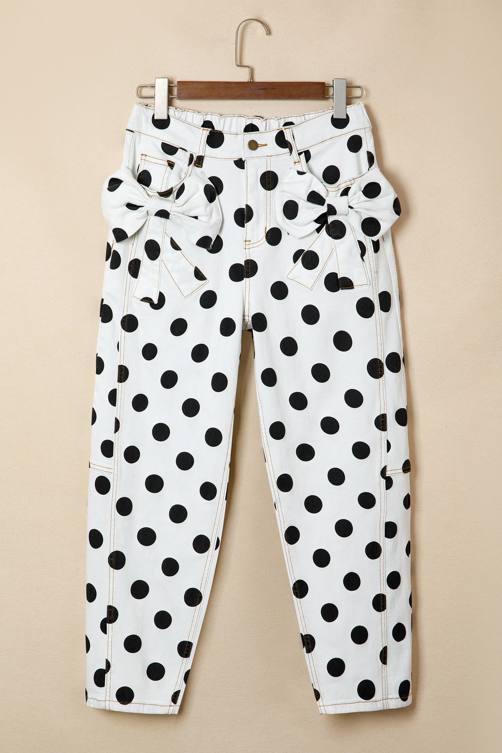 Polka Dot Print Bow Detail Pocketed Loose Jeans | White & Sky Blue