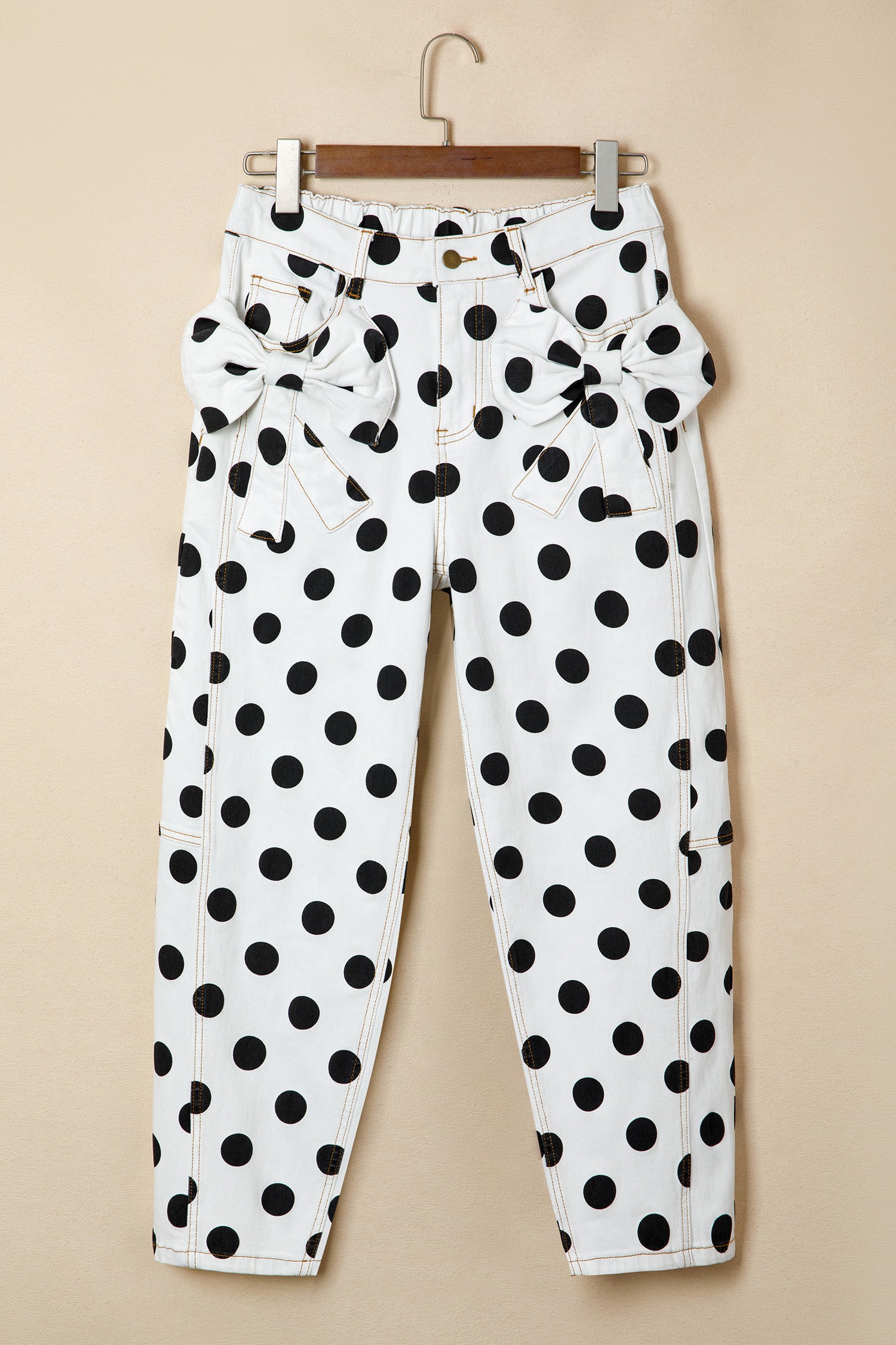 Polka Dot Print Bow Detail Pocketed Loose Jeans | White & Sky Blue