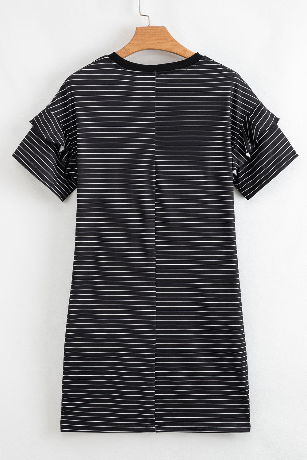 Women's Green Stripe Ruffled Short Sleeve Crew Neck Shift Mini Dress at LivelyLooks