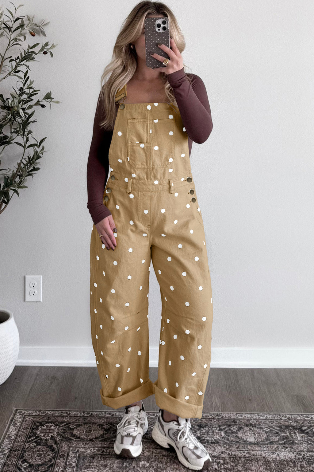 Polka Dot Denim Barrel Overalls Jumpsuit | Cream Beige Pink UK 8–22