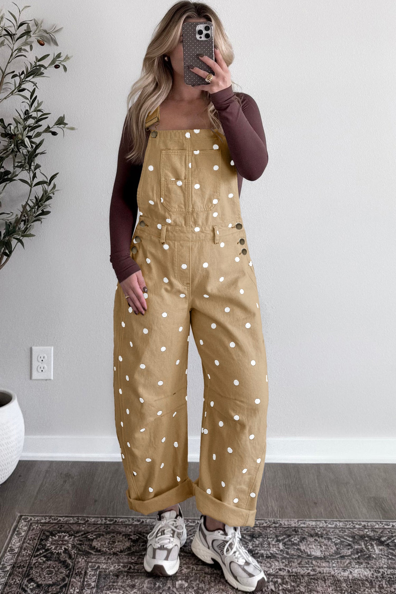 Polka Dot Denim Barrel Overalls Jumpsuit | Cream Beige Pink UK 8–22