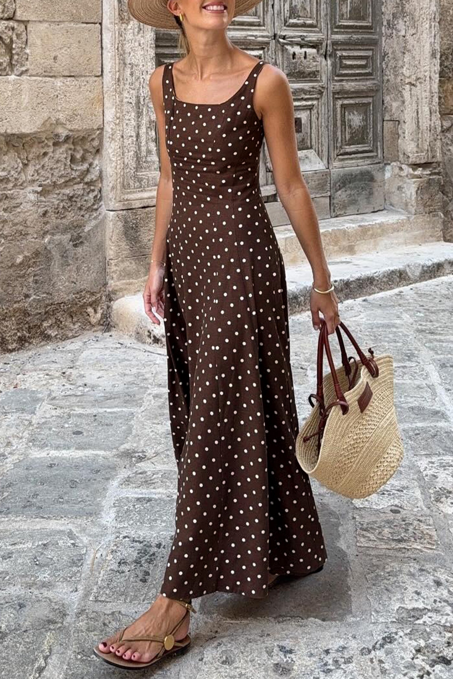Brown Polka Dot Maxi Dress Square Neck Sleeveless Vacation Women S-XL