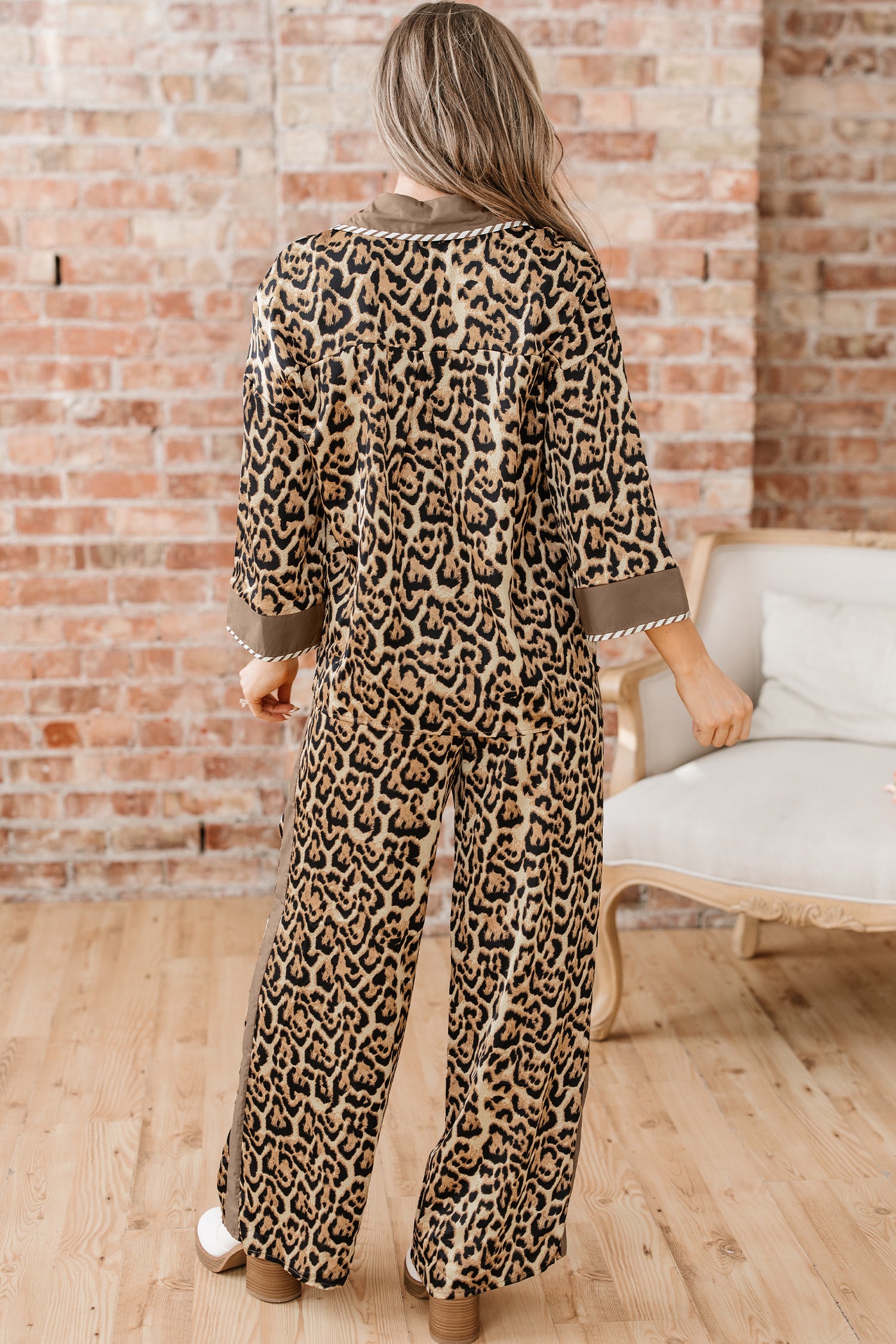 Brown Leopard Collared 3/4 Sleeve Shirt & Loose Pants Two Piece Set | UK 8–22