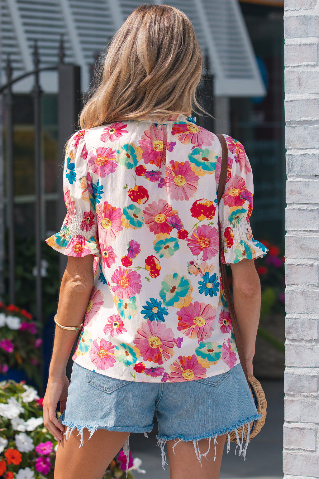 Beige Floral Blouse Tie V Neck Short Puff Sleeve Summer Women S-XL