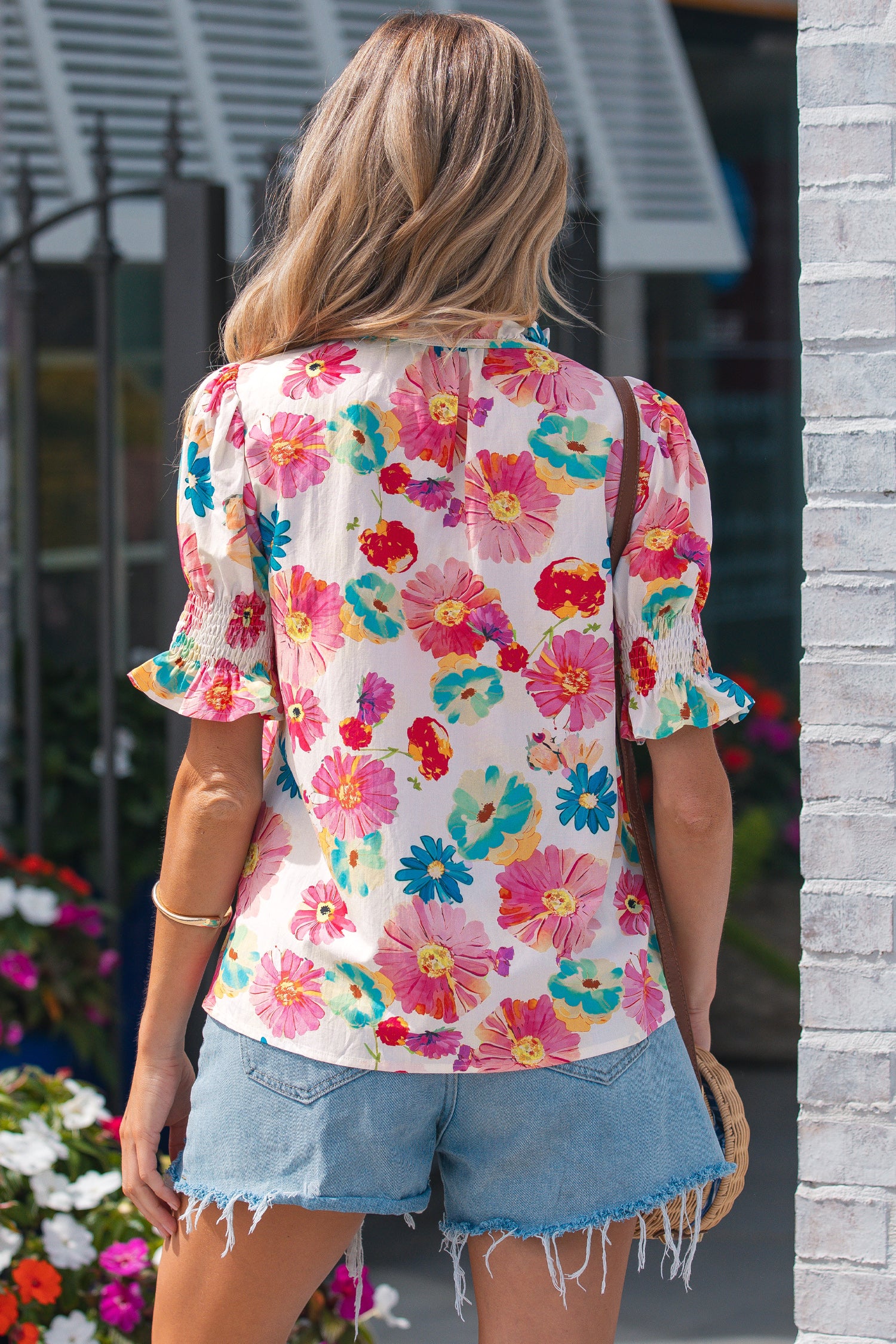 Beige Floral Blouse Tie V Neck Short Puff Sleeve Summer Women S-XL