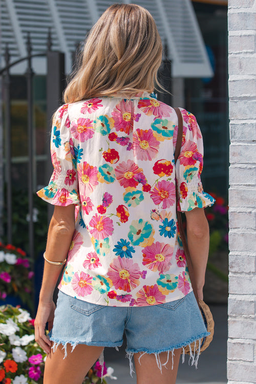 Beige Floral Blouse Tie V Neck Short Puff Sleeve Summer Women S-XL