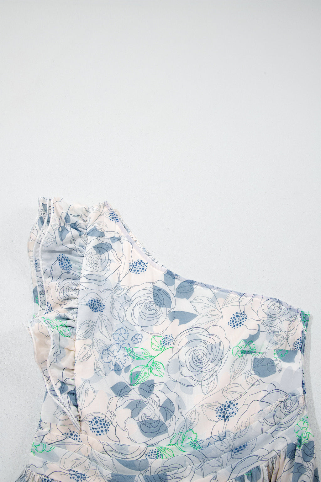 Sky Blue Floral One Shoulder Maxi Dress | Ruffle Sleeveless with Pockets