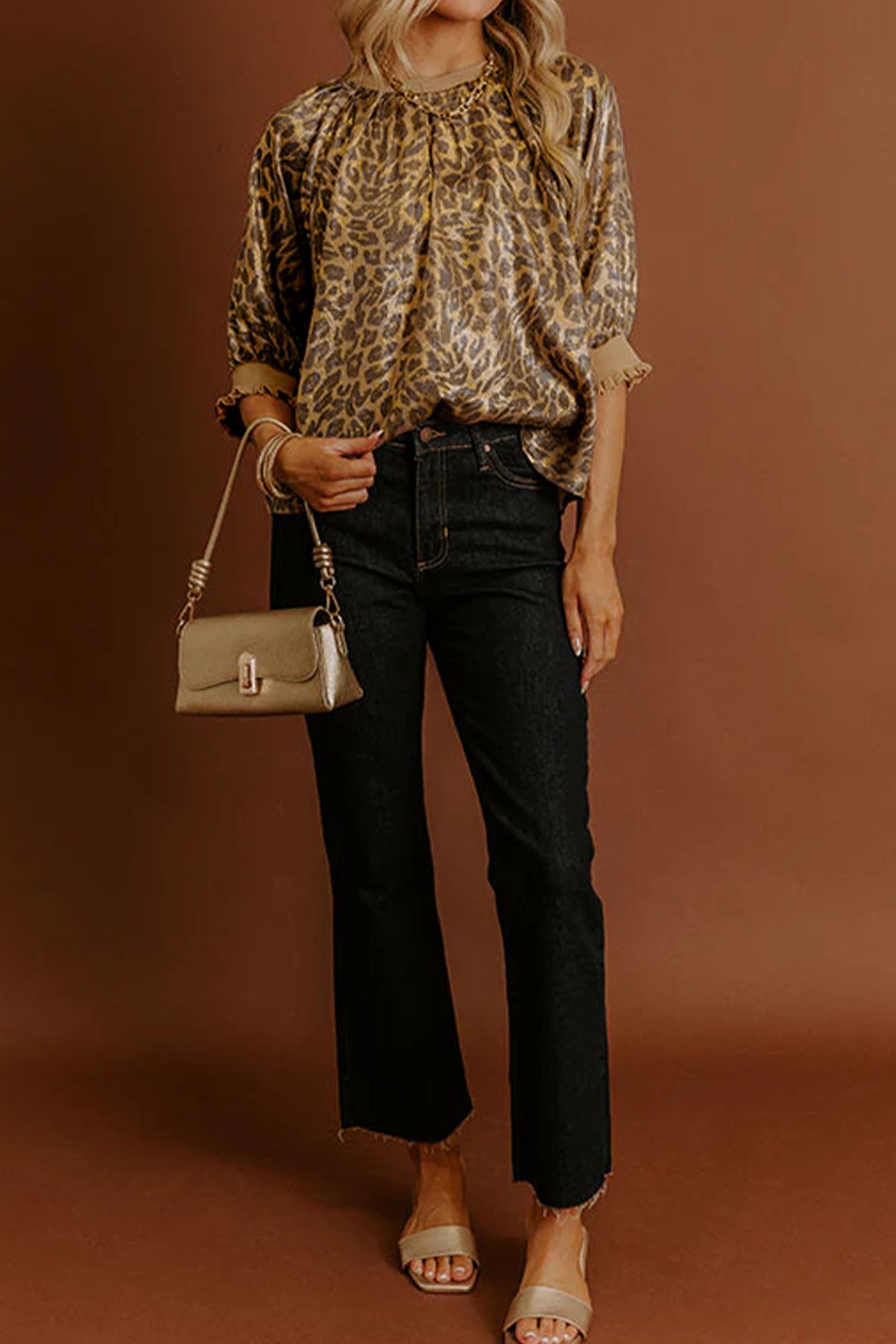 Gold Half Sleeve Metallic Leopard Print Blouse | UK 12–20