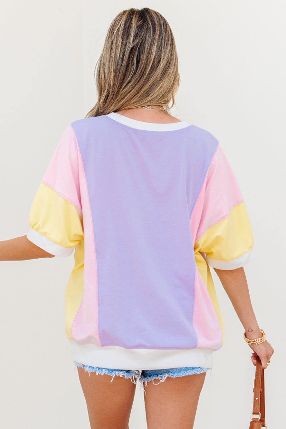 Women's Colour Block Patchwork Oversized T-Shirt Half Sleeve | Purple at LivelyLooks
