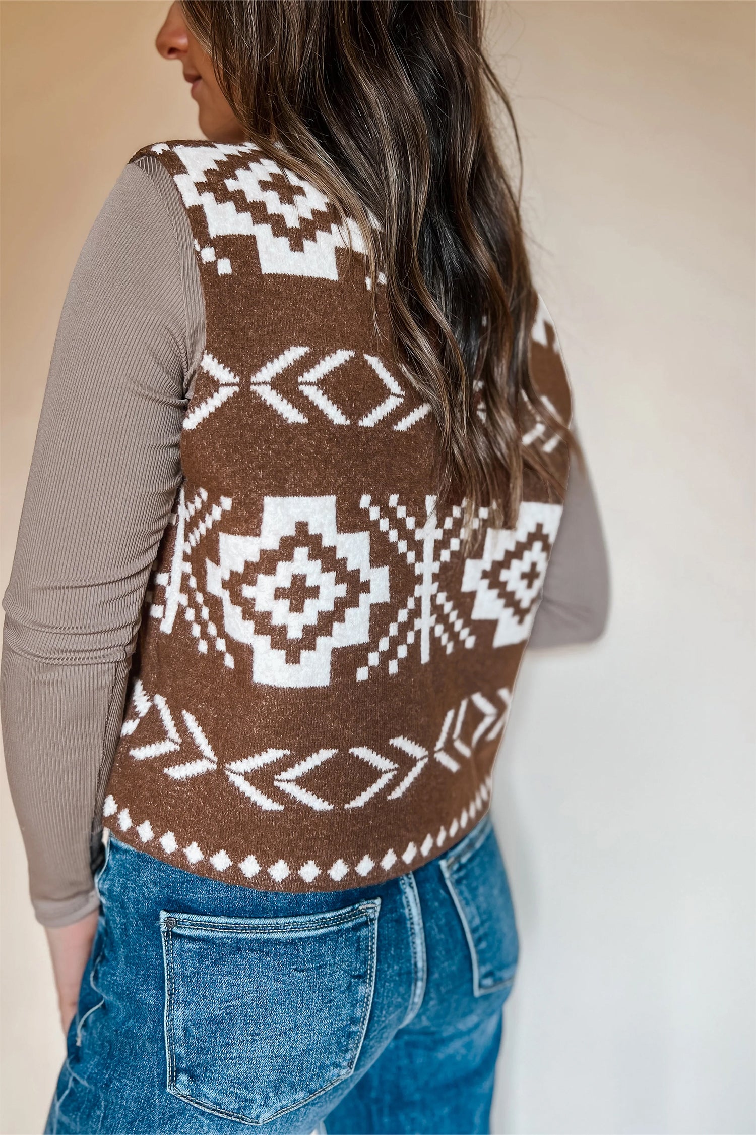 Women's Brown Aztec Print Sleeveless Sweater Vest Round Neck S-XL at LivelyLooks