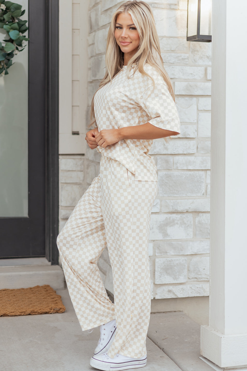 Shop Khaki Checkered Print Half Sleeve Tee & Wide Leg Lounge Pant Set | UK 8-22 at LivelyLooks