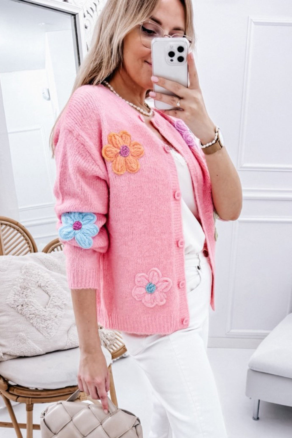 Women's Pink Floral Knit Button-Up Cardigan Cosy & Cute at LivelyLooks