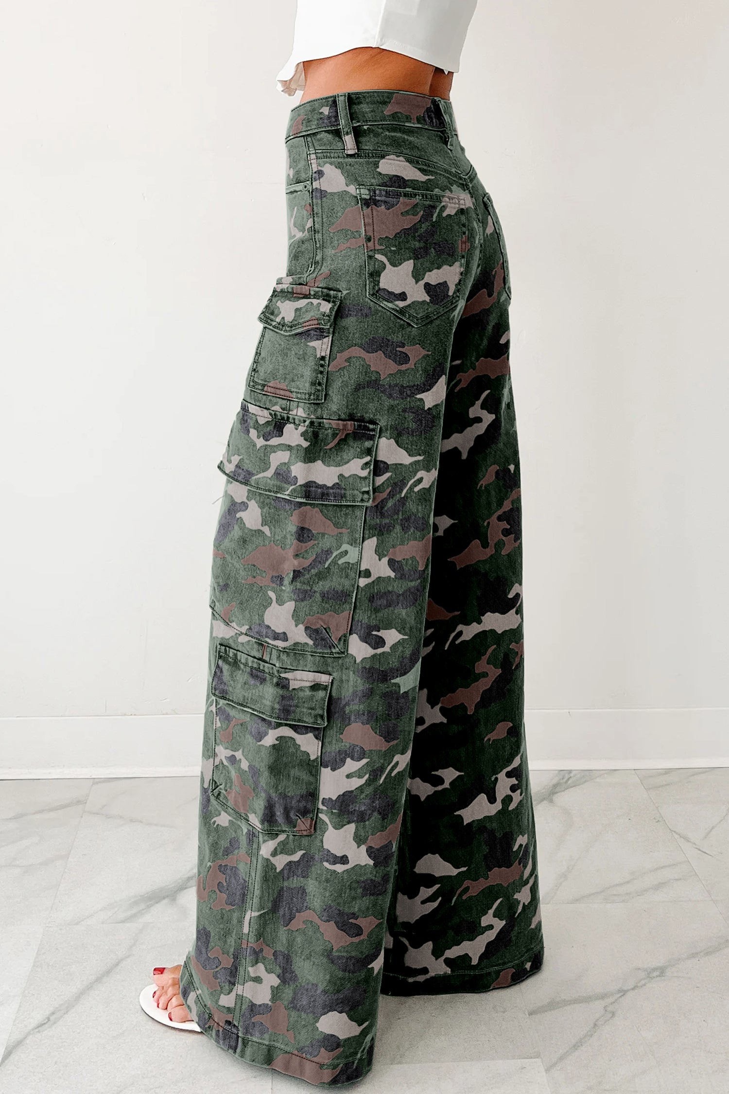Green Camo Cargo Wide Leg Denim Pants