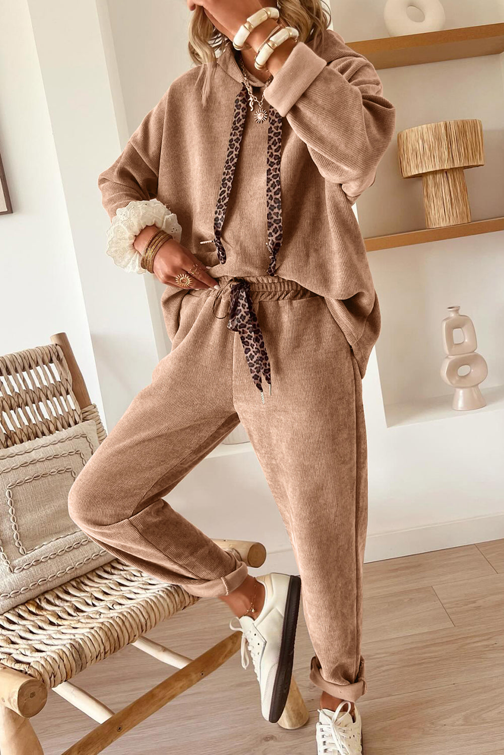 Leopard Drawstring Corduroy Co-ord Hoodie & High Waist Pants UK 8-22