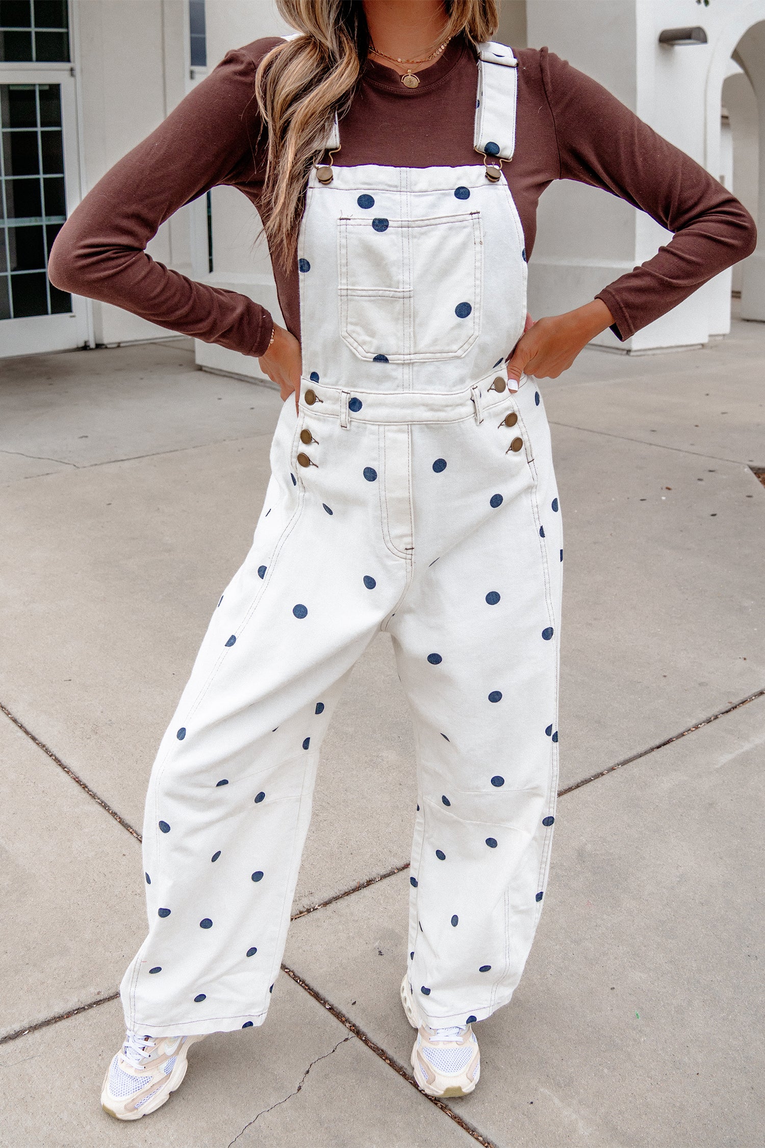 Polka Dot Denim Barrel Overalls Jumpsuit | Cream Beige Pink UK 8–22