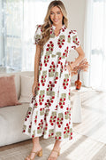 Floral Tiered Maxi Dress Bubble Sleeve Beige Black Women S-XL