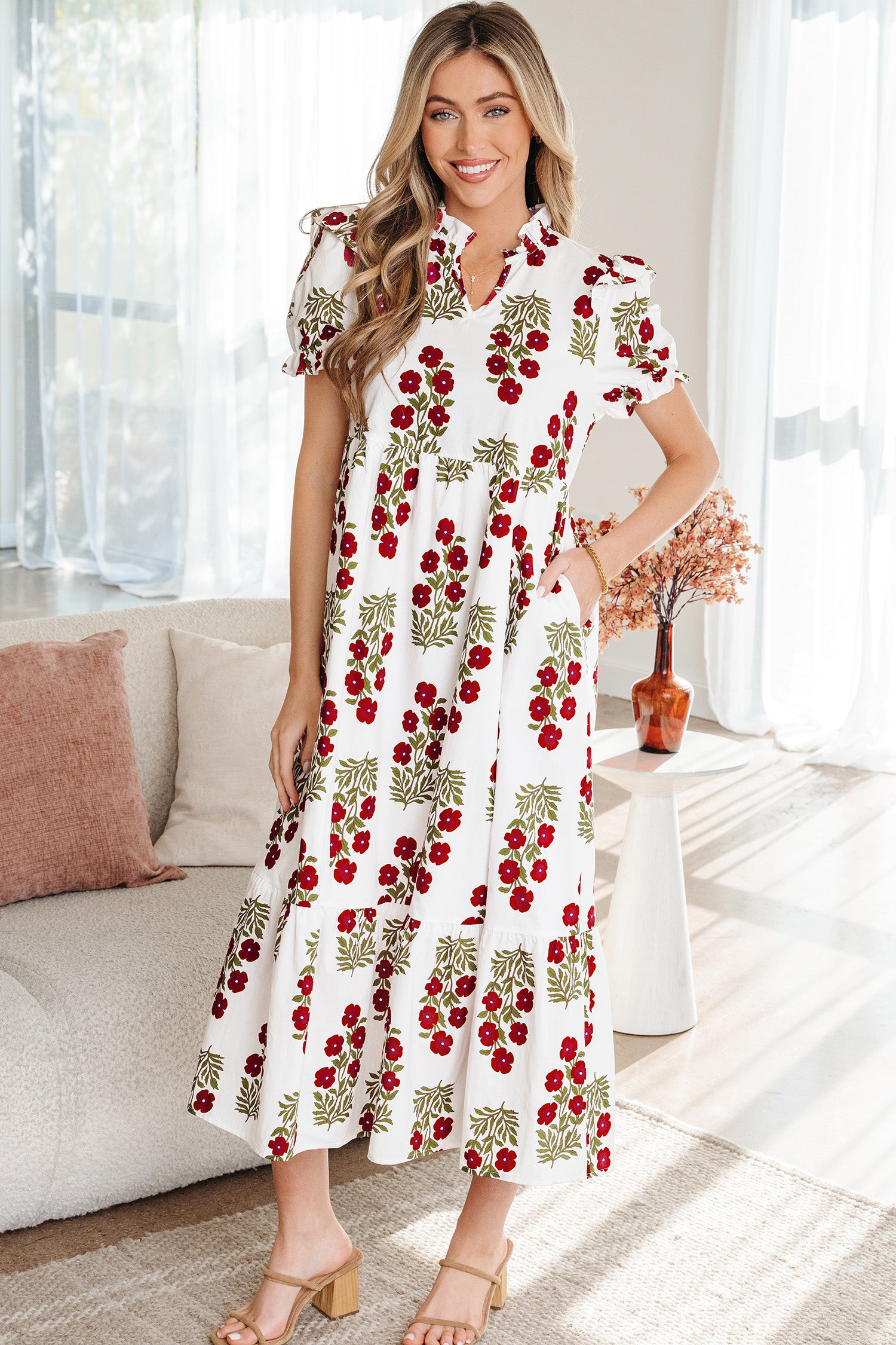Floral Tiered Maxi Dress Bubble Sleeve Beige Black Women S-XL