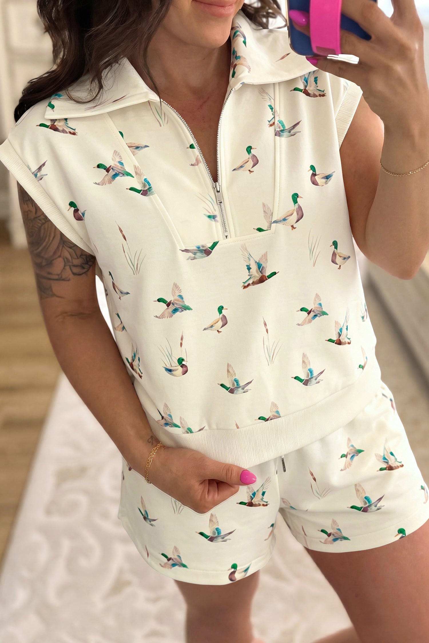 Beige Mallard Print Zip Polo Tee & Drawstring Shorts Co-ord Set