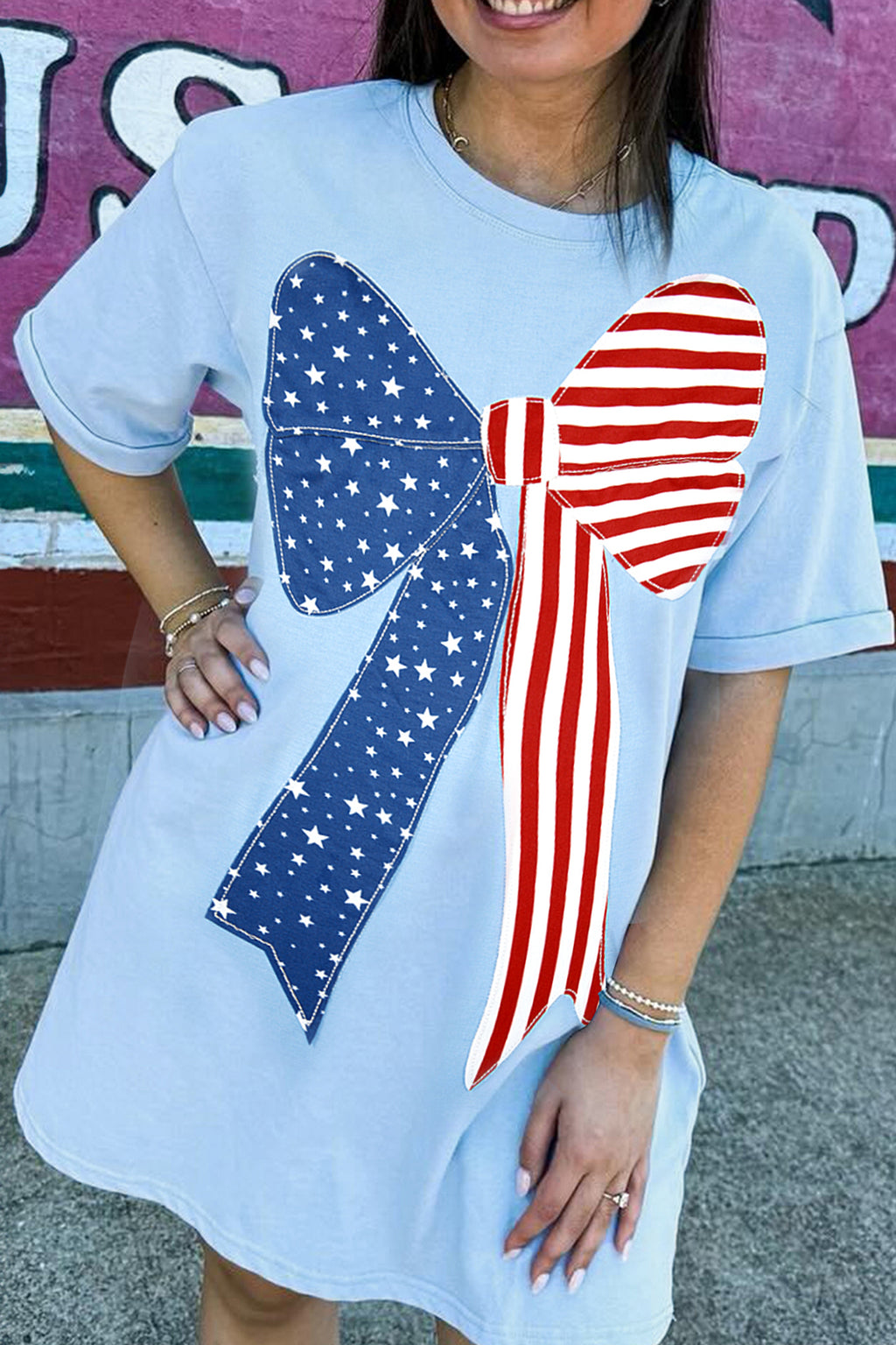 Blue Patriotic Big Bow Stitched T-Shirt Shift Mini Dress S-XL