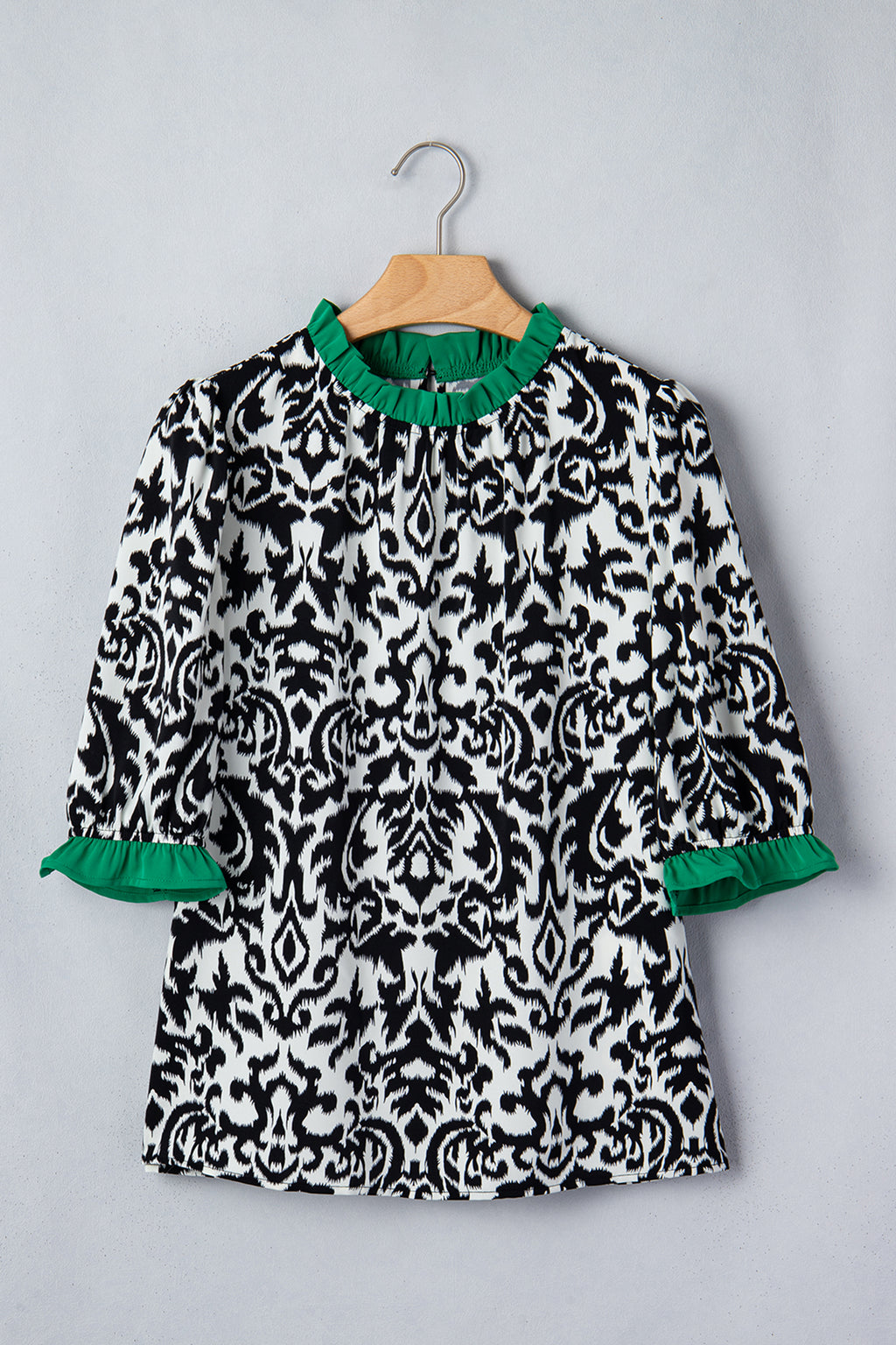 Women's Green Damask Print Ruffled Color Block Detail Half Sleeve Blouse at LivelyLooks