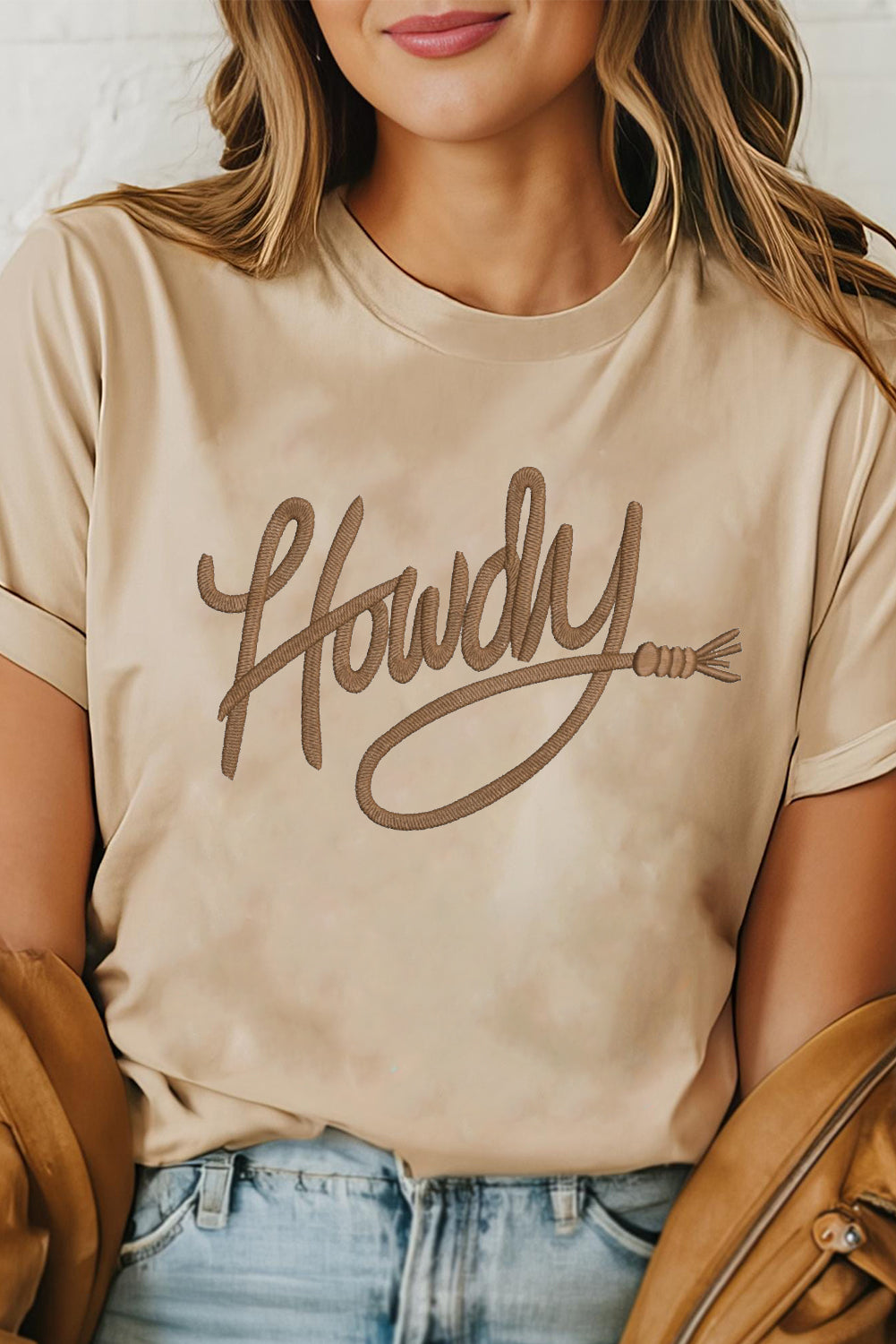 Shop Khaki Howdy Embroidered Graphic Western Tee S-3XL at LivelyLooks