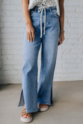 Shop Myosotis Slit Leg High Rise Drawstring Casual Jeans at LivelyLooks