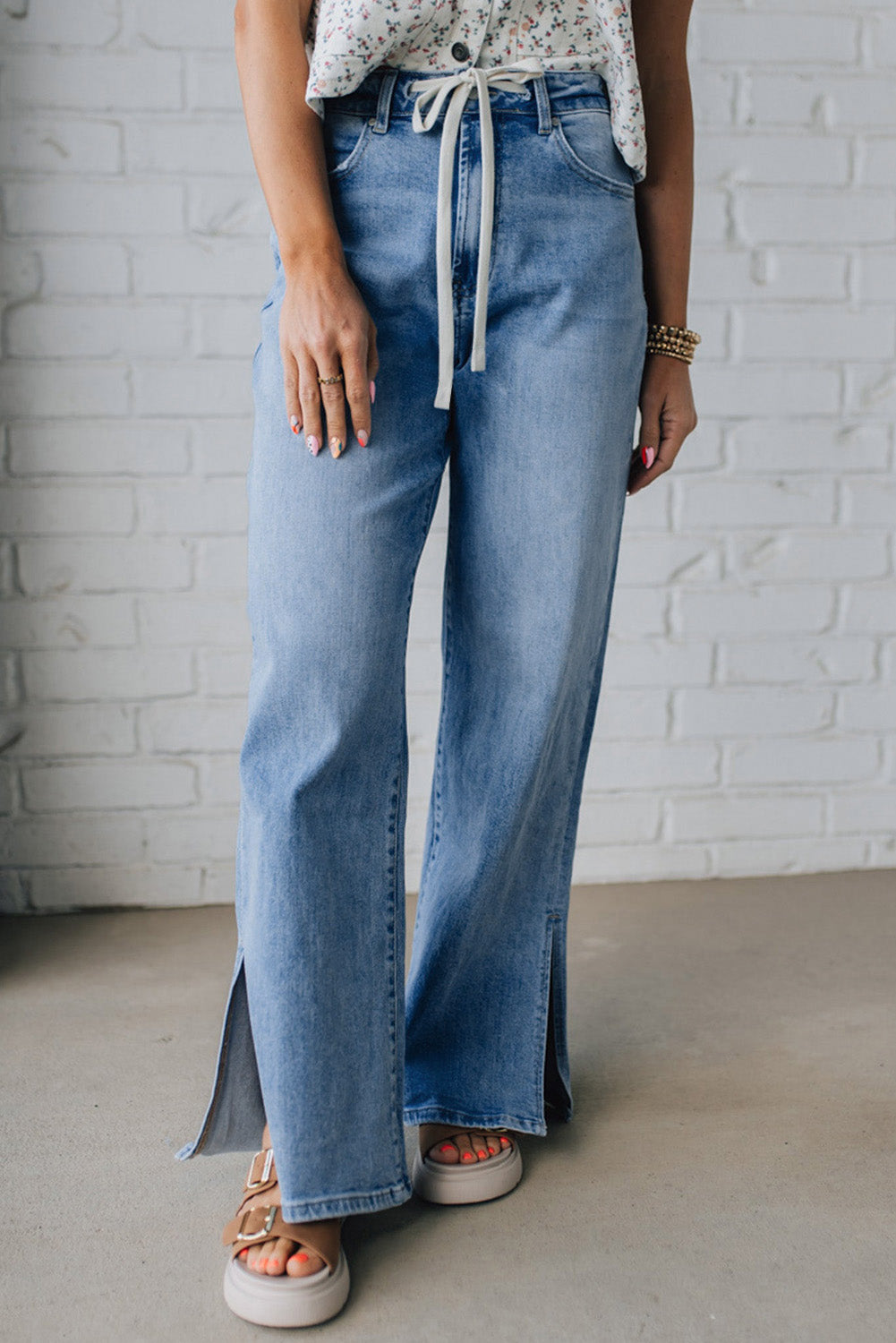 Shop Myosotis Slit Leg High Rise Drawstring Casual Jeans at LivelyLooks