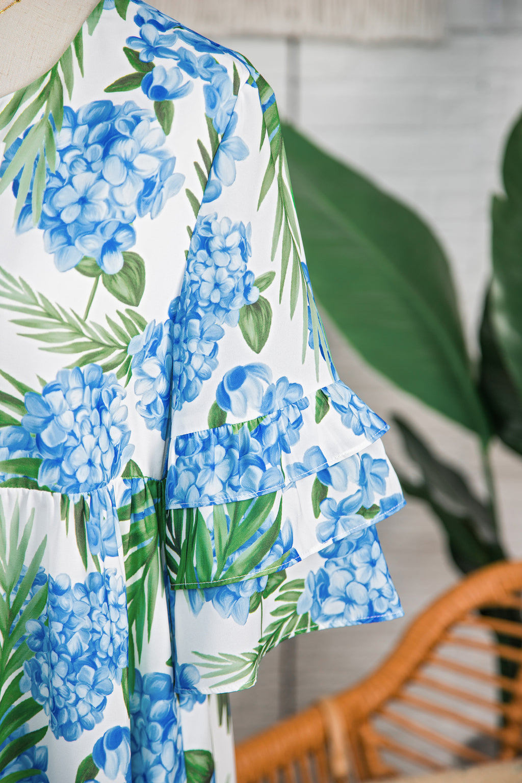 Sky Blue Palm Floral Print Contrast Ribbon Knot Ruffle Sleeve Mini Dress | UK 8–22