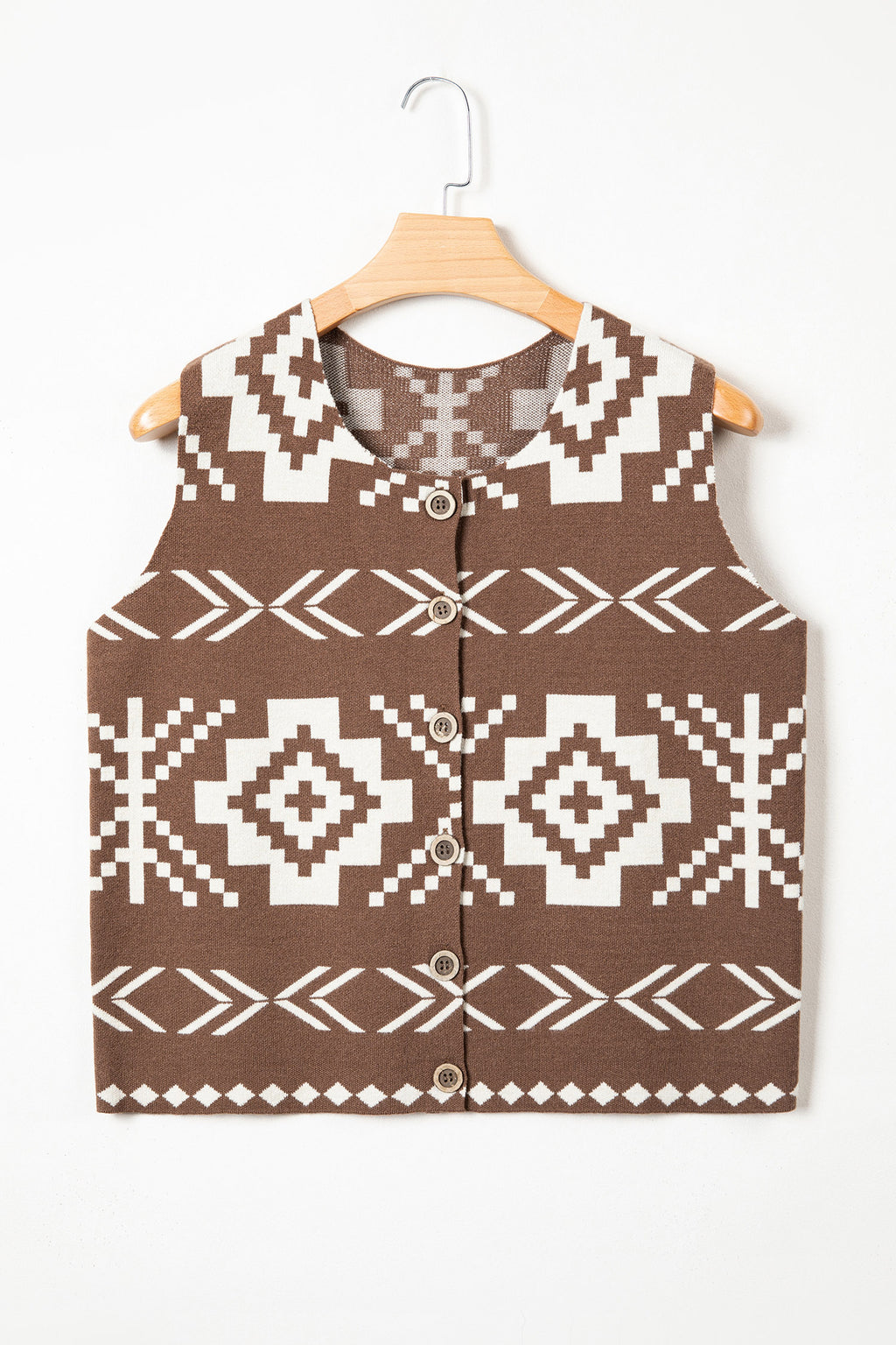 Brown Aztec Print Sleeveless Sweater Vest Round Neck S-XL