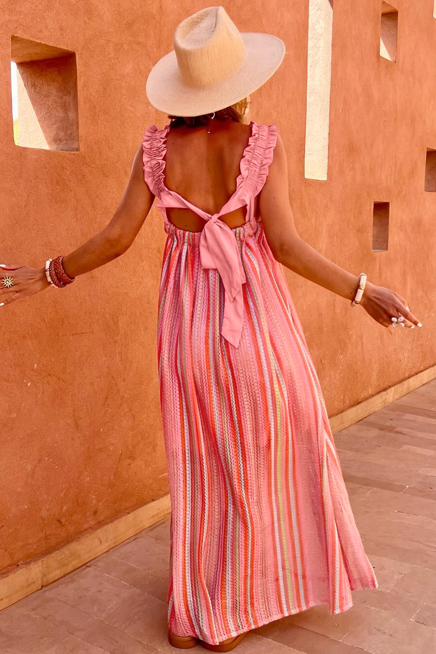 LivelyLooks Pink Stripe Maxi Dress Ruffled Straps Ribbon Knot Boho S-XL women's fashion
