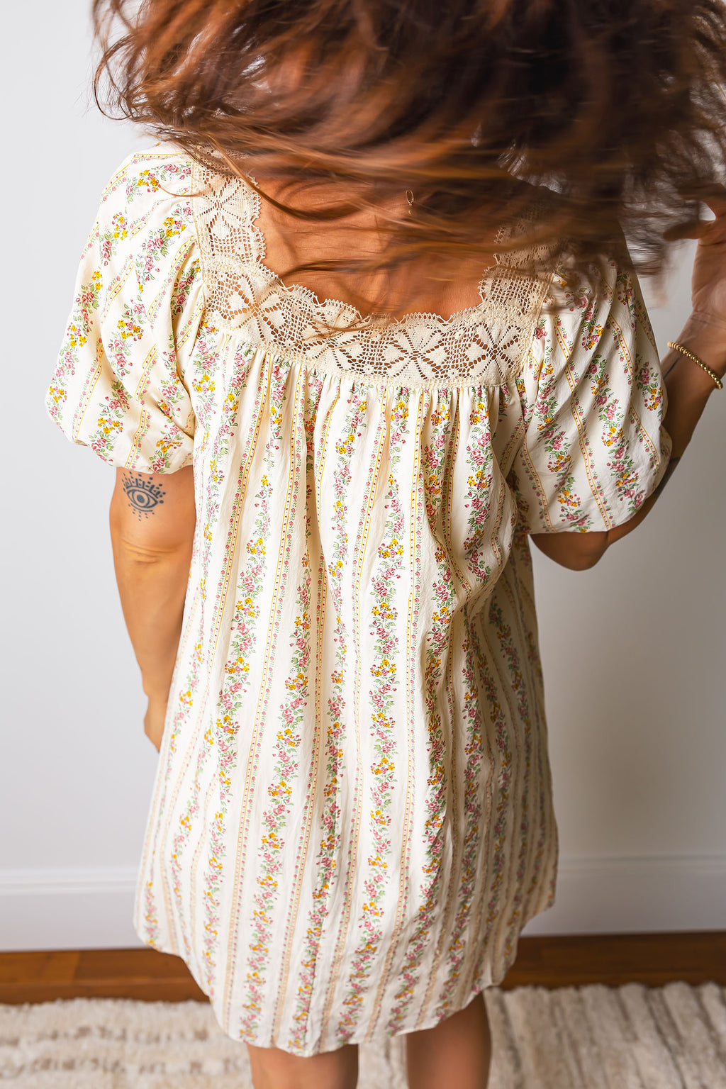 Multicolour Floral Ribbon Bow Lace Trim Square Neck Babydoll Mini Dress