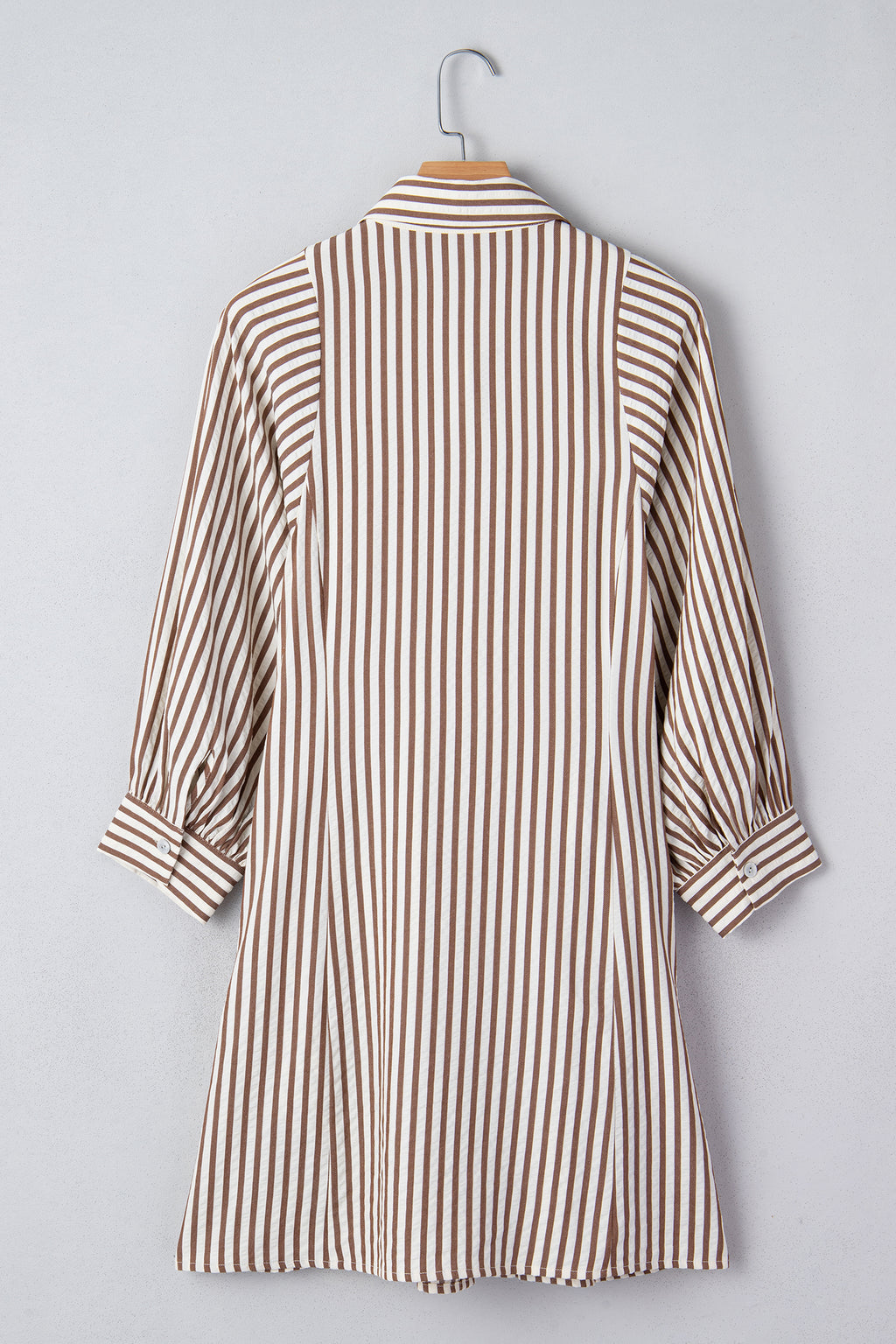 Brown Stripe Knot Waist Puff Sleeve Button Down Mini Shirt Dress S-XL