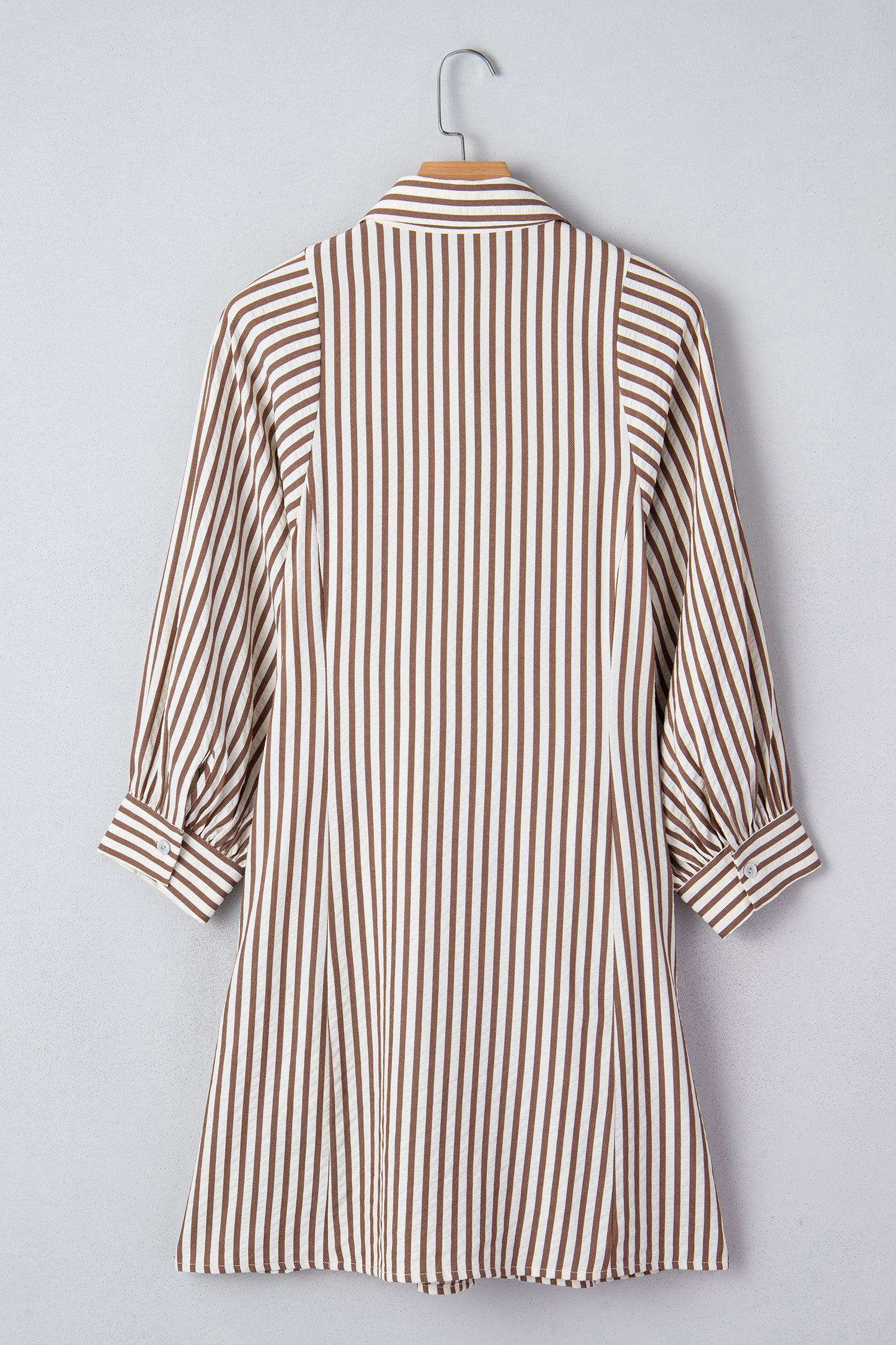 Brown Stripe Knot Waist Puff Sleeve Button Down Mini Shirt Dress S-XL