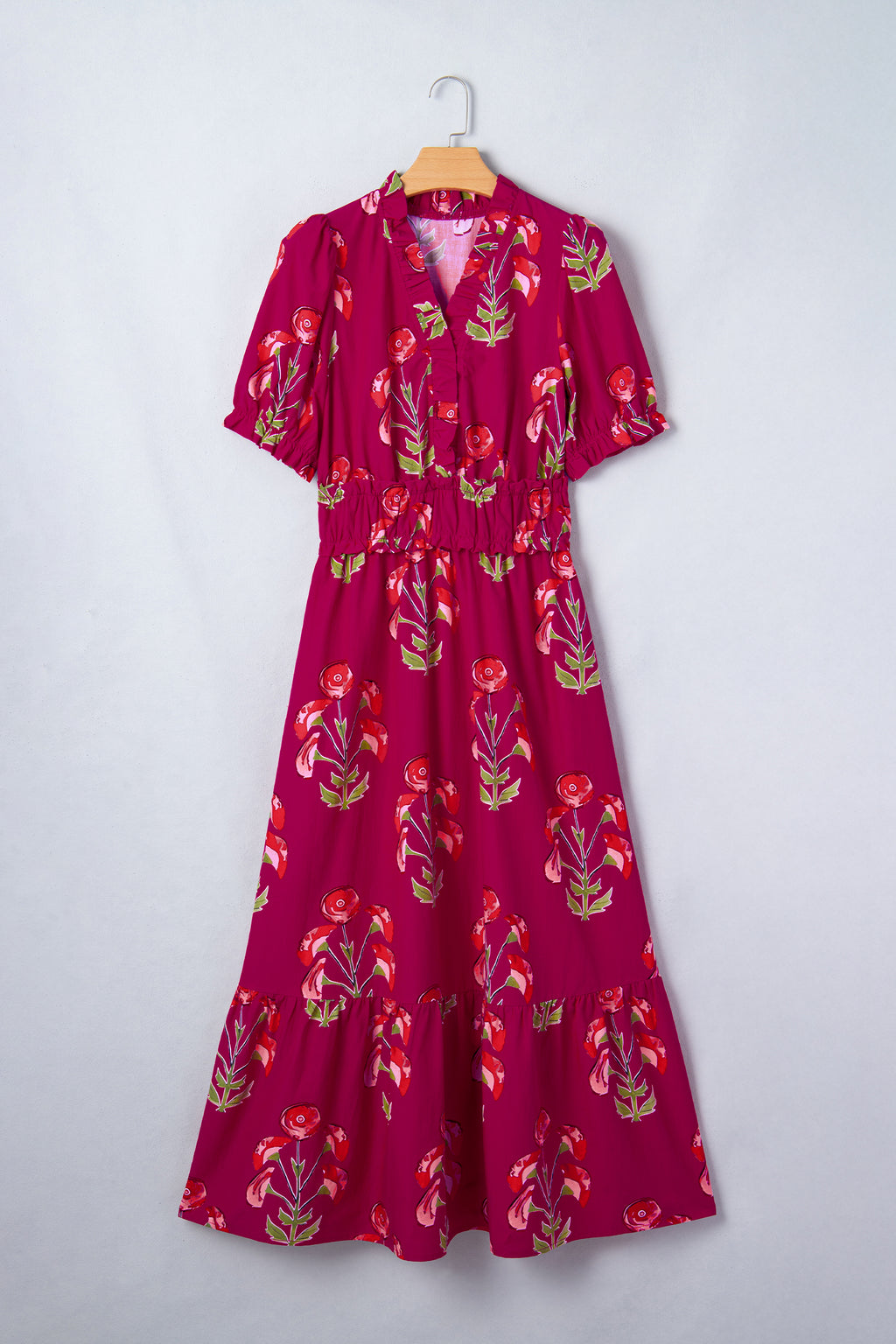 Women's Red Floral Ruffle V-Neck Short Sleeve Maxi Dress Vacation S-XL at LivelyLooks