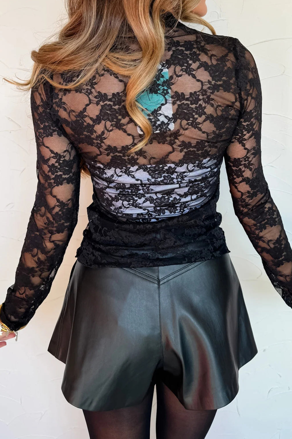 Women's Black Sheer Floral Lace Lettuce Trim Mock Neck Long Sleeve Top at LivelyLooks