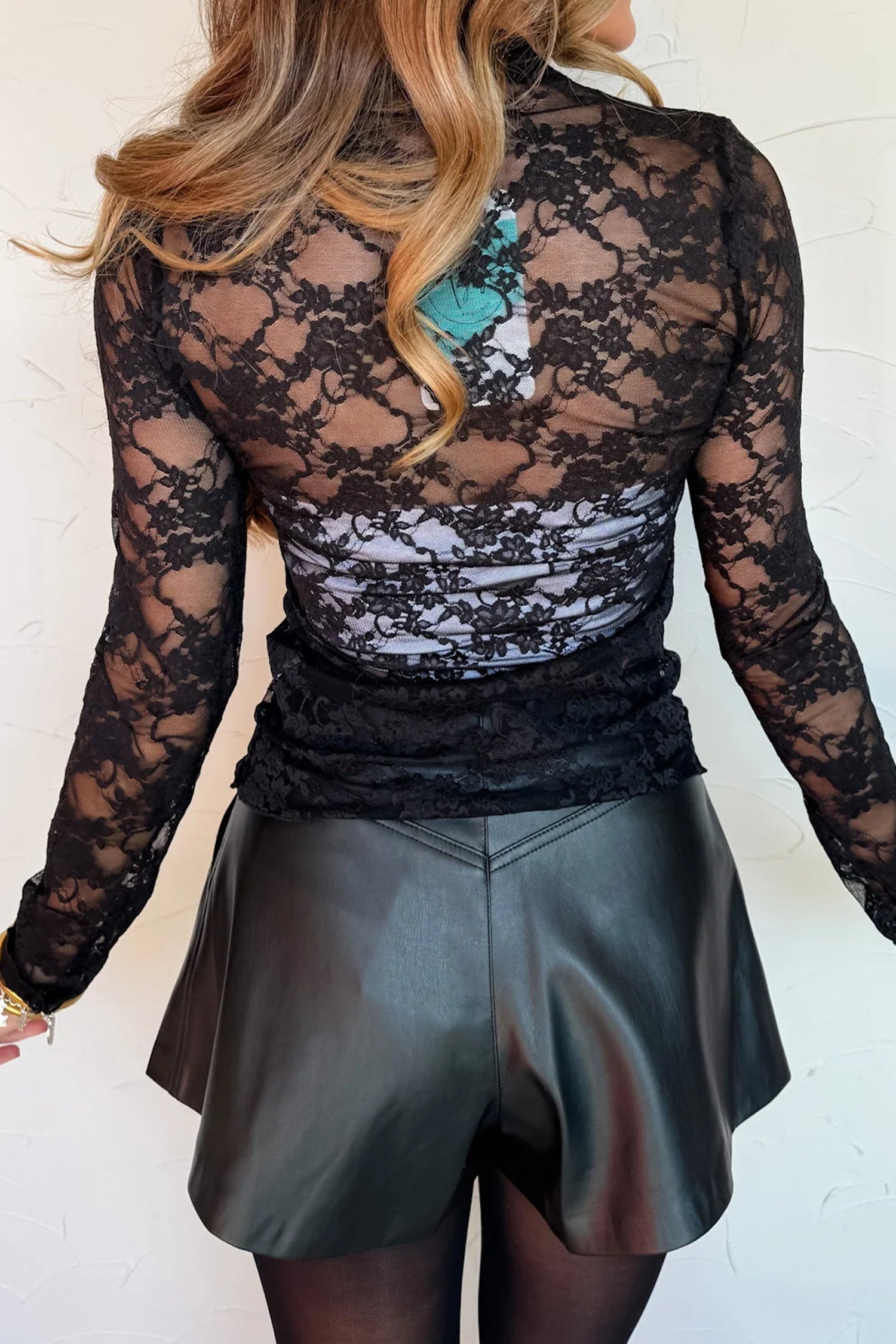 Women's Black Sheer Floral Lace Lettuce Trim Mock Neck Long Sleeve Top at LivelyLooks