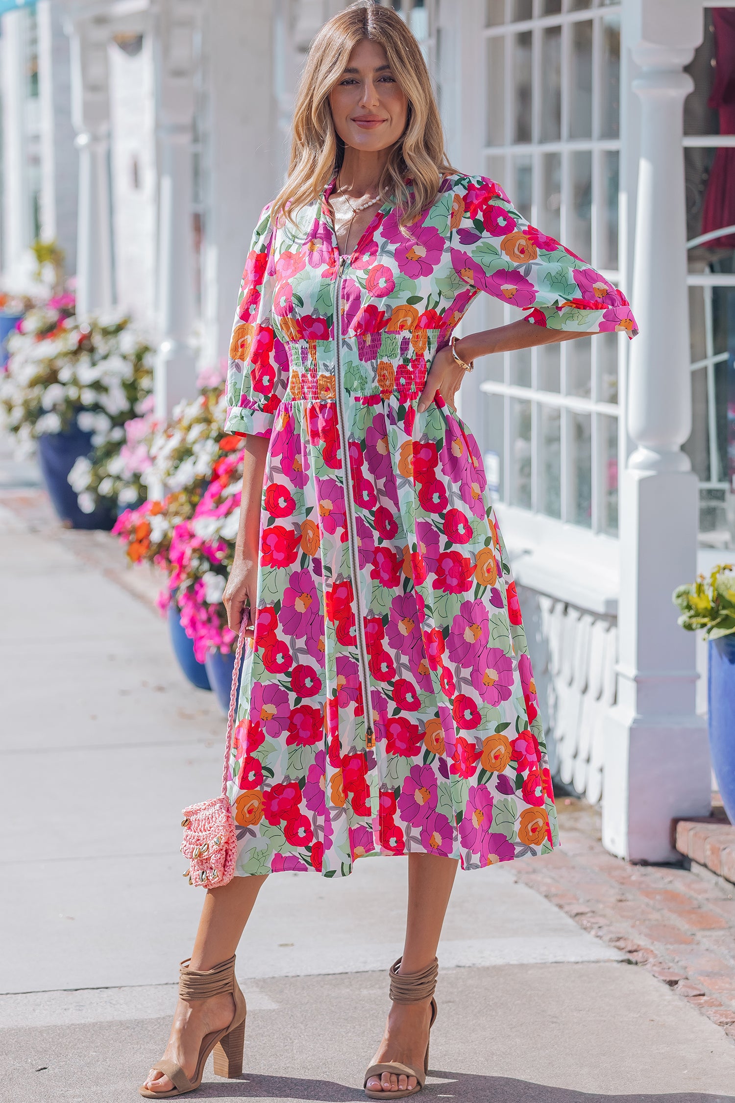 Rose Floral Print Zip Front Shirred Waist Flared Half Sleeve Midi Dress S-XL