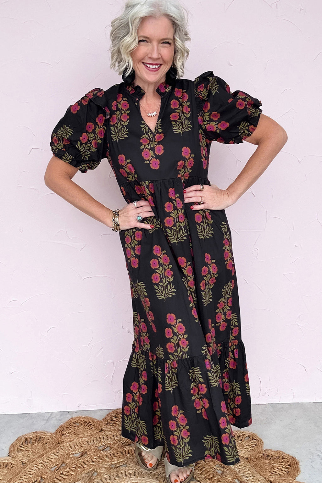 Floral Tiered Maxi Dress Bubble Sleeve Beige Black Women S-XL