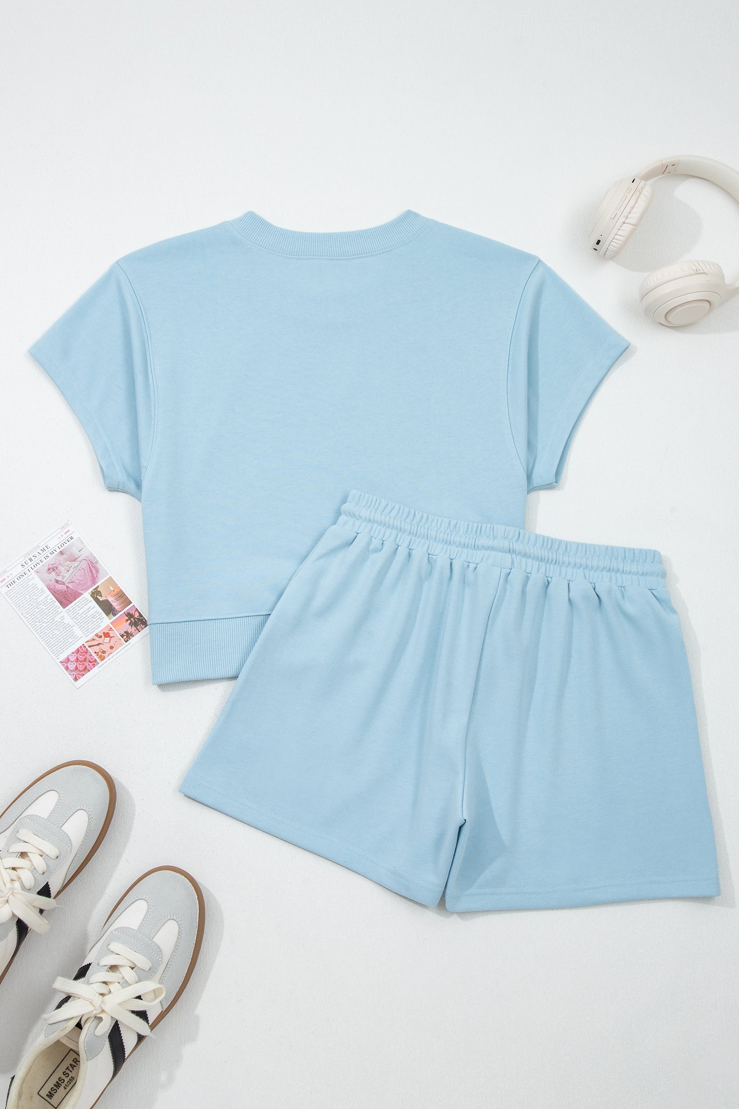 Loose Tee Drawstring Shorts Co-ord Set Mist Blue Sea Green S-XL