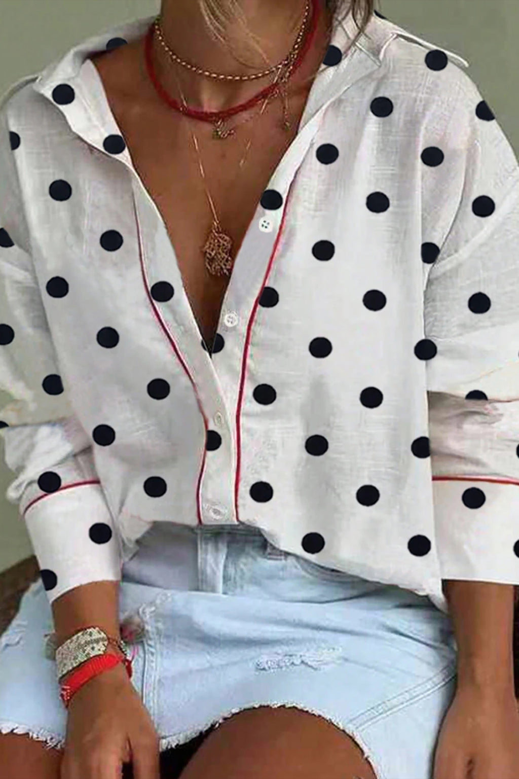White Polka Dot Contrast Piping Elegant Women's Shirt