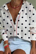 White Polka Dot Contrast Piping Elegant Women's Shirt