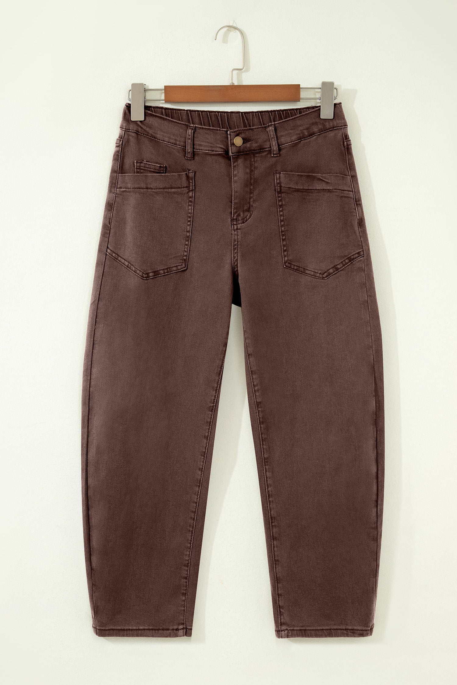 Brown Barrel Leg Jeans Square Patch Pocket Ankle Length UK 4-16